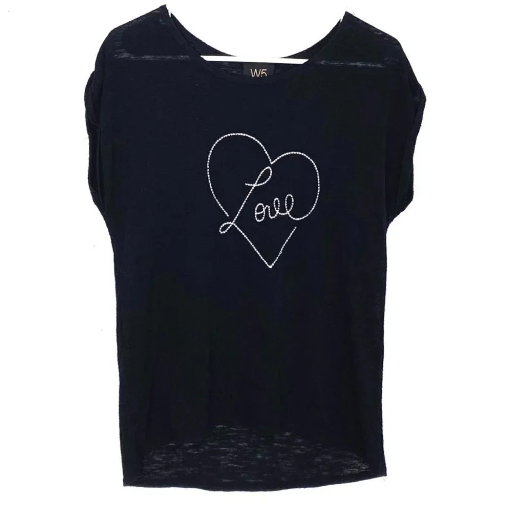 W5 Love Blouse Tee Shirt Womens Size Small High Low Blouse Black Linen Knit Top